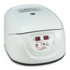 Globe Scientific clinical centrifuge, white plastic, angled front control panel with digital LED displays and buttons.