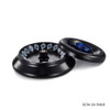 Black aluminum alloy centrifuge rotor with 18 tubes and separate lid with blue cap.