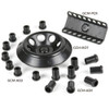 Black plastic mini centrifuge rotor, PCR strip rotor, and adapters labeled GCM-ROT, GCM-PCR, GCM-AD2, and GCM-AD5.