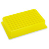 Bright yellow 96-well PCR cold work rack with SBS footprint, angled top-down perspective on white surface.