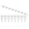 Clear plastic 0.2mL 8-strip PCR tubes with attached hinged dome caps shown open.