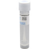 A clear plastic transport tube with a white cap, containing an attached swab and liquid buffer.