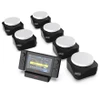 Six black magnetic hotplate stirrers with white round tops and a handheld touchscreen controller on a charging stand.