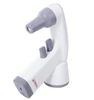 White and gray electronic pipette controller angled on a stand against a white background.