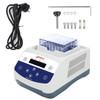 White and blue 4E's thermo mixer with power cord, accessories, and a tube block under a clear cover.