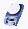 Blue magnetic stirrer with a white round top plate, digital LED display, and two control knobs viewed from above.