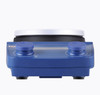 Front view of a blue 4E's magnetic stirrer with two control knobs and a white circular top plate.