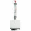 Front view of a white and grey 8-channel adjustable volume pipette with a red plunger.