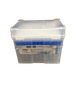 Plastic box of 1000uL Oxford pipette tips, wrapped in clear film, seen from a front angle.