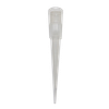 A clear, sterile, low-retention pipette tip with a filter inside, shown vertically on a black background.