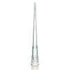 A clear, sterile 200uL pipette tip made of molded plastic, shown vertically upright on a white background.