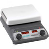 White ceramic top plate on gray Labnet digital hotplate stirrer with two control knobs and digital displays.