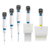 Five white Labnet Excel electronic pipettors with digital screens and various tip configurations on a black background.