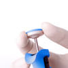 Gloved hands adjusting the blue push-button volume selector on a Labnet BioPette Plus pipettor.