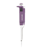Purple and white single-channel pipettor against a black background.
