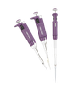 Three purple and white Labnet BioPette A single-channel pipettors shown from different angles against a black background.