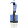 Labnet BioPette Plus 8-channel 20-200uL blue multi-channel pipettor with attached tips against a white background.
