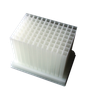 White polypropylene 96-square-well deep well plate viewed from an elevated angle on a black background.