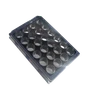 Angled view of a black Labnet multi-well microplate with clear, round bottom wells against a black background.
