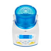 White Adam precision balance with blue round draft shield and backlit digital display showing 0.000g.