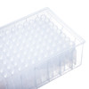 Angle view of a transparent 96 deepwell polypropylene plate filled with conical bottom wells.