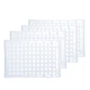 Four transparent plastic 96 deepwell plates with conical bottoms stacked diagonally.