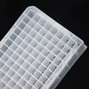 Transparent 96 deepwell plate with V-bottom wells, viewed from an angled top perspective.