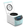 White and light blue high-speed centrifuge with open lid, circular rotor, and digital touchscreen.