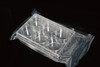 A clear 6-well cell culture plate in sterile plastic packaging on a black background.