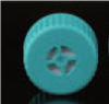 Teal plastic vented cap with a 4-port center design and ribbed outer edge, viewed from the top.