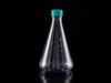 A 2L clear polycarbonate Erlenmeyer flask with a flat base and teal vent cap on a black background.
