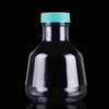 Clear plastic Erlenmeyer flask with a wide mouth and a turquoise cap against a black background.