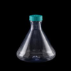 A clear plastic 3L Erlenmeyer flask with a flat base and a turquoise cap against a black background.