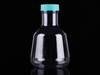 Clear PC Erlenmeyer flask with flat base and turquoise seal cap against a black background.