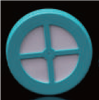 Teal plastic round vent cap with a central cross support and white filter.