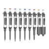 Nine 4E's single-channel adjustable pipettes of varying sizes and color caps lined up.
