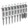 A diagonal row of nine 4E's single-channel adjustable volume pipettes with color-coded tops.