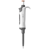 A white and gray 4E's adjustable volume pipette, viewed from the front, with an orange plunger.