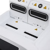 Close-up of the white dual sample blocks on the 4E's Real-Time PCR System, showing open hinged lids with warning icons and