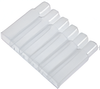 A strip of six clear plastic 2.2mL conical sample tubes shown from a top-down angle.