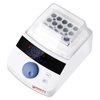 White 4E's mini dry bath incubator with clear lid, digital display, blue control knob, and aluminum sample block.