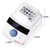 White and blue 4E's mini dry bath incubator with dimensions 4.56in width, 6.45in depth, and 3.85in height.