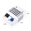 White 4E's dry bath incubator with blue control dial and LED display showing dimensions 5.98in x 7.48in x 3.38in.
