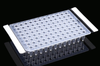 Clear plastic 96-well PCR plate with conical wells on a reflective black surface.