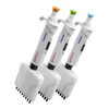 Three 4E's 8-channel adjustable volume pipettes with orange, green, and blue plunger caps.