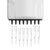 Close-up of a white 4E's 8-channel pipette with eight black nozzles aligned above eight transparent pipette tips.