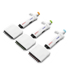 Three white 4E's Precipette 8-channel adjustable pipettes with orange, green, and blue plungers.