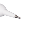 Close-up of a white electronic pipette tip with a metallic nozzle on a white background.