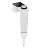 A white 4E's single-channel electronic pipette viewed from a front-three-quarter angle, featuring a digital screen and
