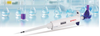 White 4E's single-channel adjustable volume pipette with a digital display and attached tip, on a lab background.